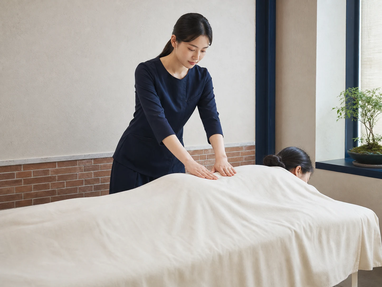 권선구 관리실에서 20대 한국인 성인 여성 마사지사가 불투명 시트로 완전히 가린 성인 여성 고객을 관리하는 모습
