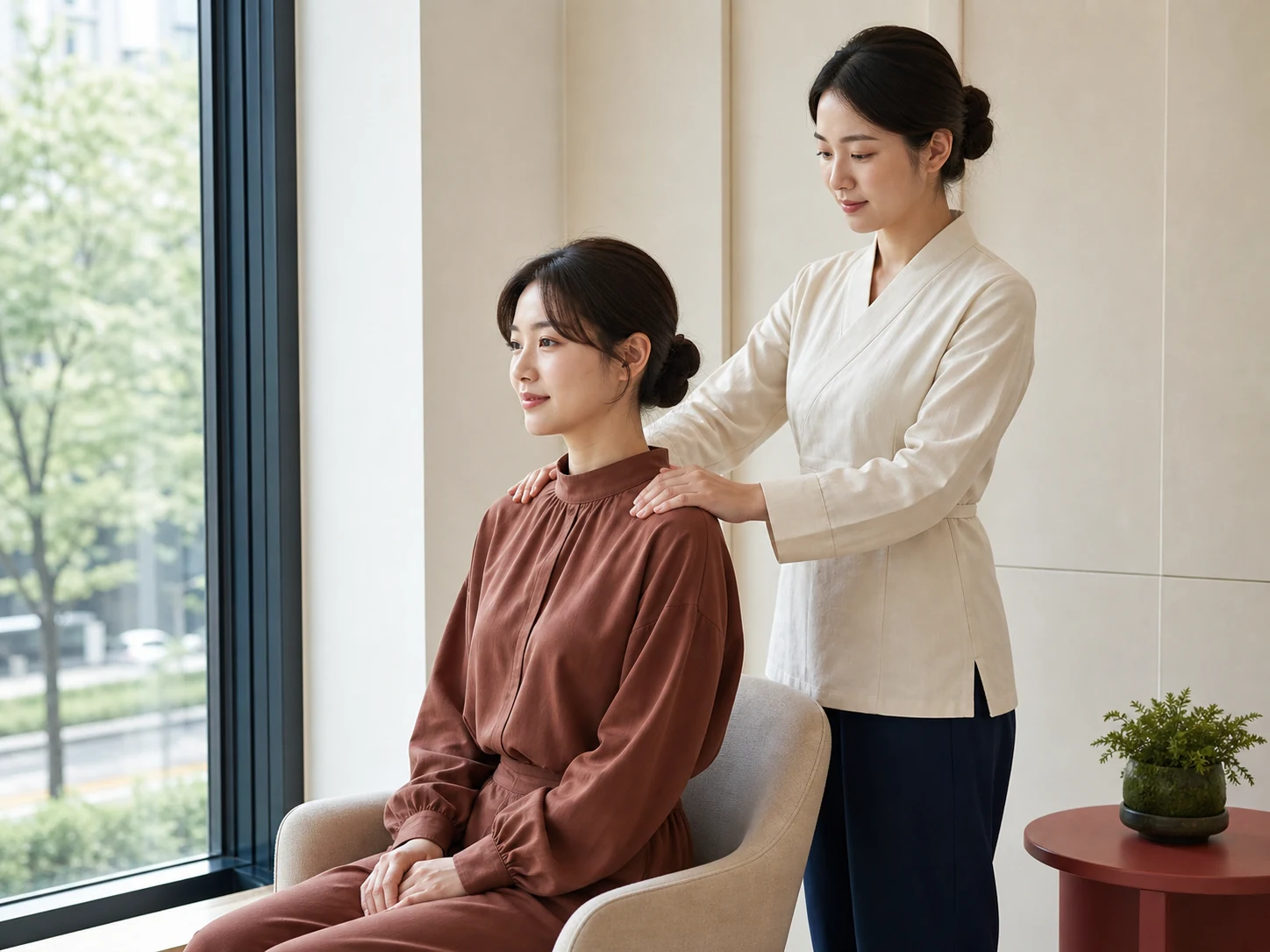 장안구 관리 공간에서 20대 한국인 성인 여성 마사지사가 옷 위로 성인 여성 고객의 어깨를 관리하는 모습
